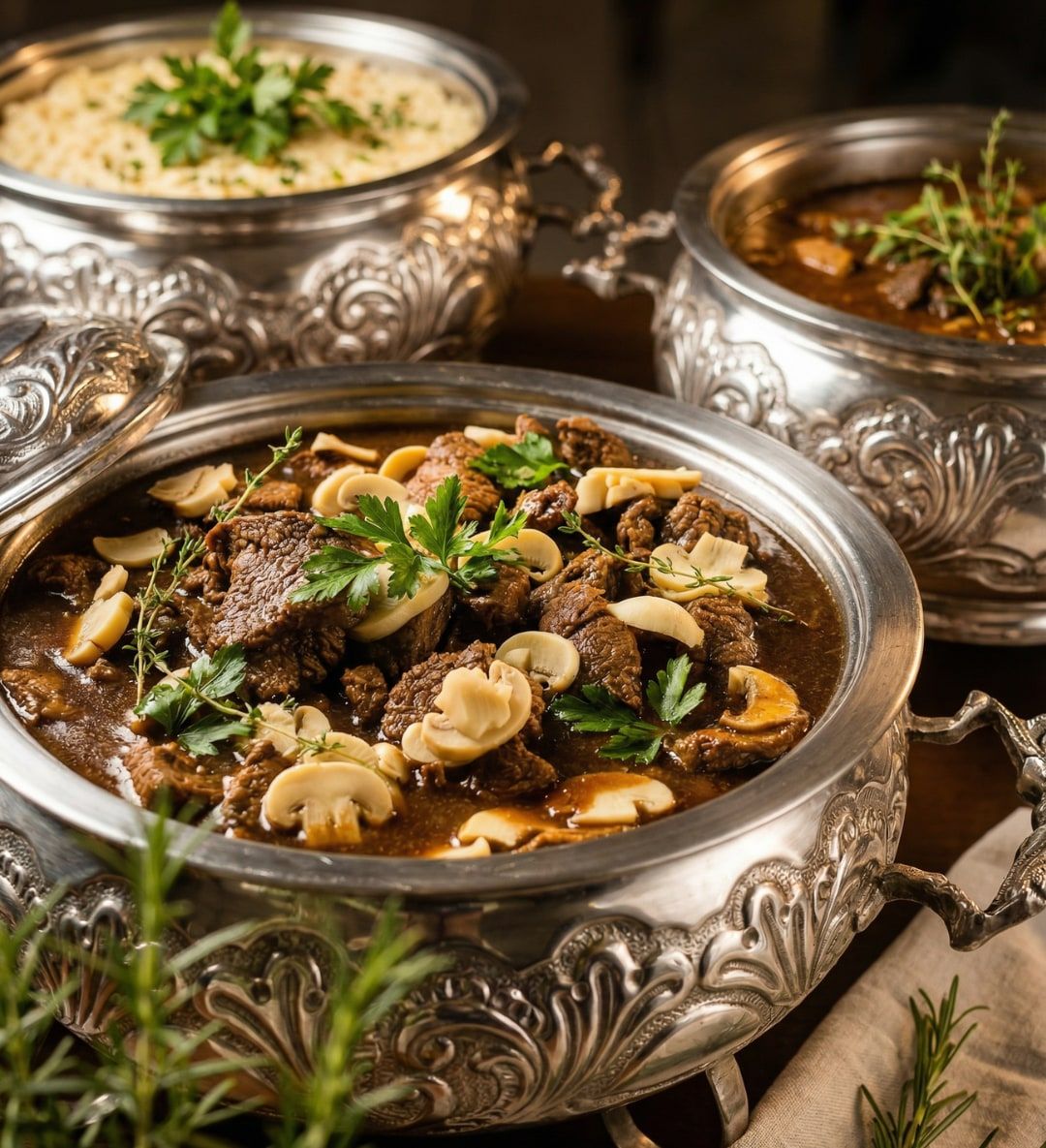 Réchaud de prata com carne ao molho e cogumelos