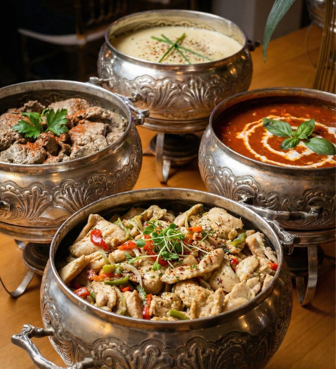 Réchauds de prata com pratos quentes do Buffet Belladata: frango com legumes, carne ao molho, creme e molho de tomate