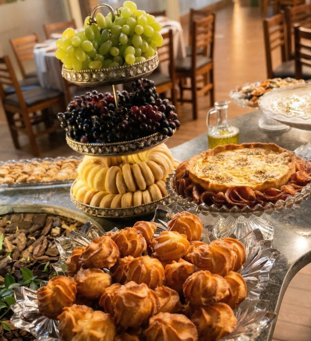 Mesa de coffee break com salgados folhados, uvas e frutas em suporte de vidro